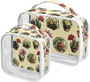 Cactus Print 2 Pack Clear Toiletry Bag Women Men, Portable Waterproof Clear Pouch, Cosmetic Bag with Double Zippers Large Opening Traveling with Handle for Bathroom Traveling Vacation Organizing