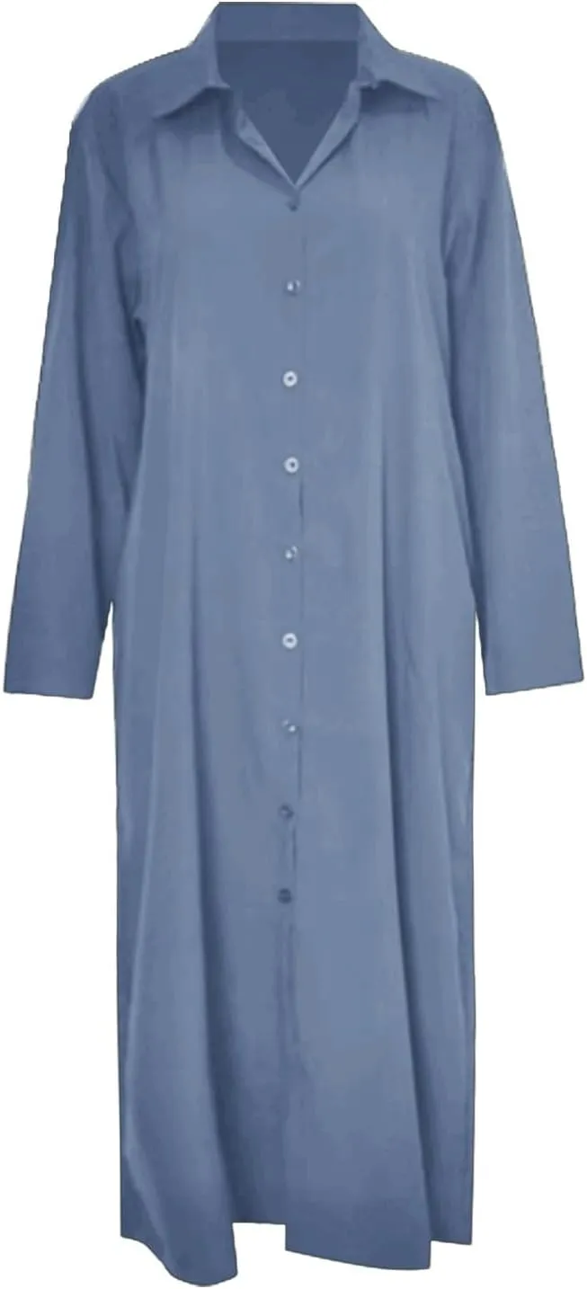 Caftans Dresses for Women Gauze Maxi Botton Dowm Long Sleeve Shirt Dress Lapel Fall Causal Loose Dress with Pockets