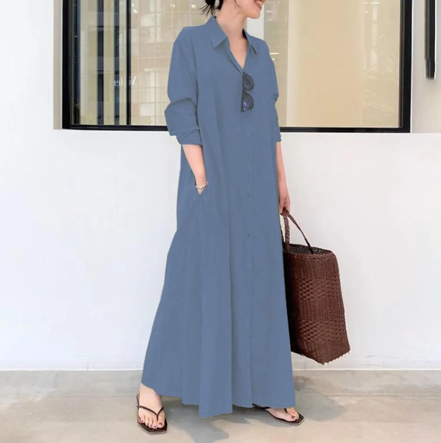 Caftans Dresses for Women Gauze Maxi Botton Dowm Long Sleeve Shirt Dress Lapel Fall Causal Loose Dress with Pockets