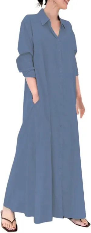 Caftans Dresses for Women Gauze Maxi Botton Dowm Long Sleeve Shirt Dress Lapel Fall Causal Loose Dress with Pockets