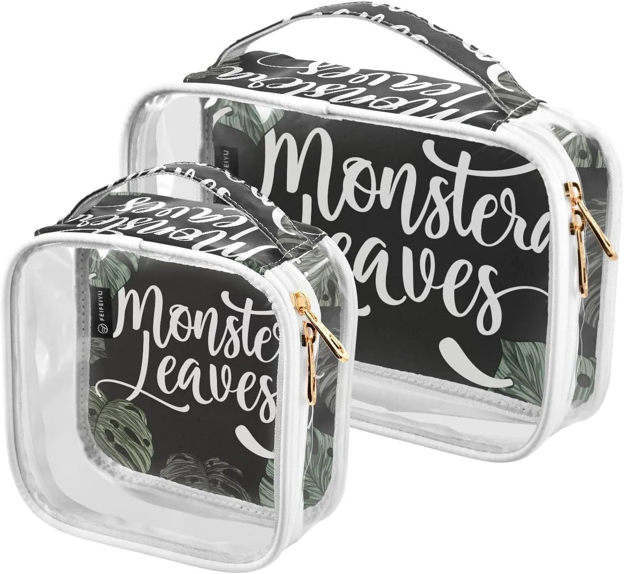 Calligraphic-monstera Print 2 Pack Clear Toiletry Bag Women Men, Portable Waterproof Clear Pouch, Cosmetic Bag with Double Zippers Large Opening Traveling with Handle for Bathroom Traveling Vacation O