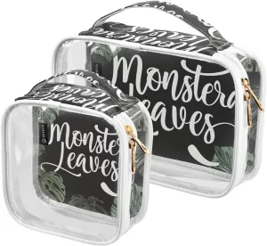 Calligraphic-monstera Print 2 Pack Clear Toiletry Bag Women Men, Portable Waterproof Clear Pouch, Cosmetic Bag with Double Zippers Large Opening Traveling with Handle for Bathroom Traveling Vacation O