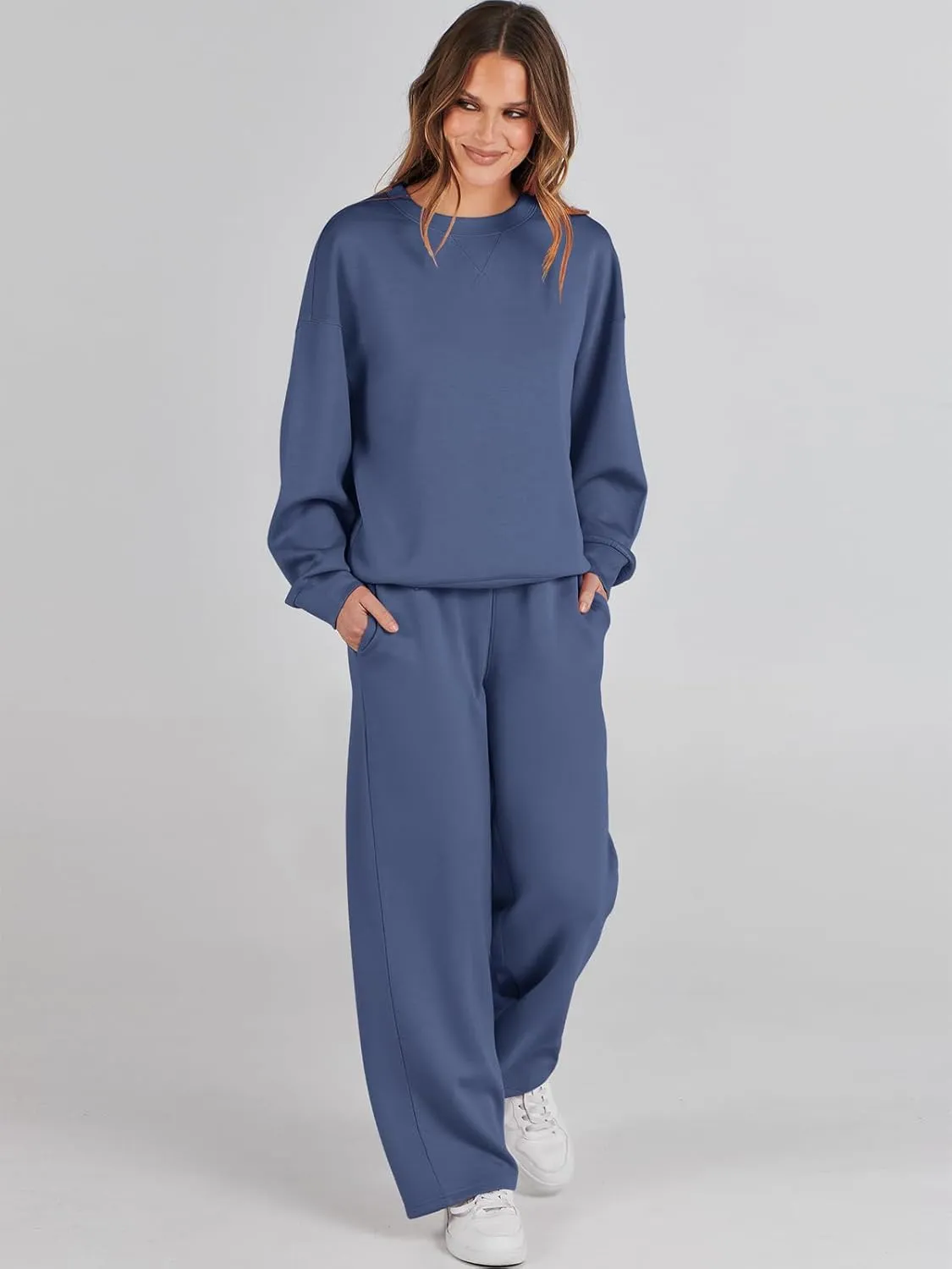 Caracilia Women's 2 Piece Outfits Sweatsuit Fall Crewneck Sweatshirts Wide Leg Pants Lounge Matching Sweat Sets Tracksuit