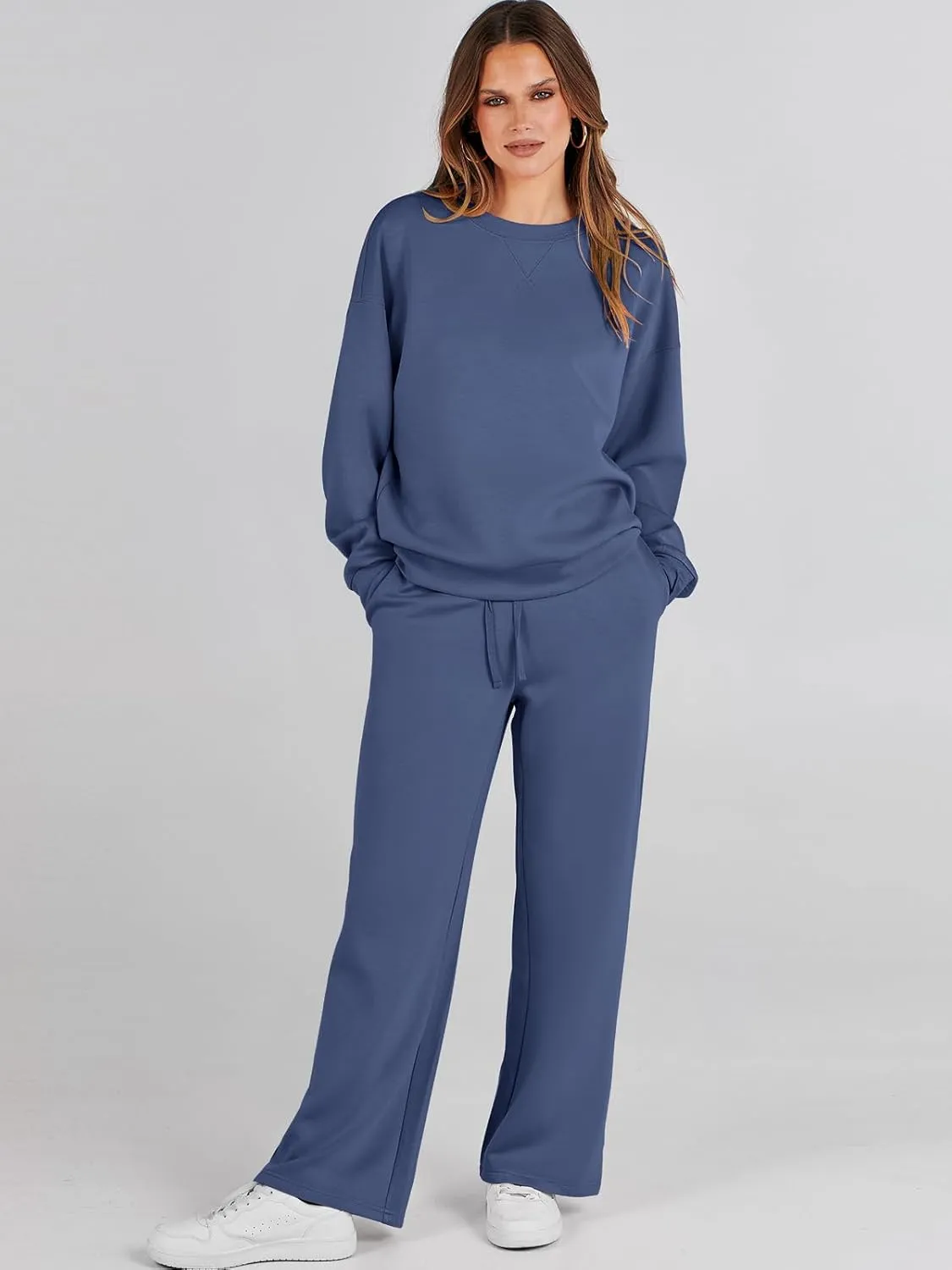 Caracilia Women's 2 Piece Outfits Sweatsuit Fall Crewneck Sweatshirts Wide Leg Pants Lounge Matching Sweat Sets Tracksuit