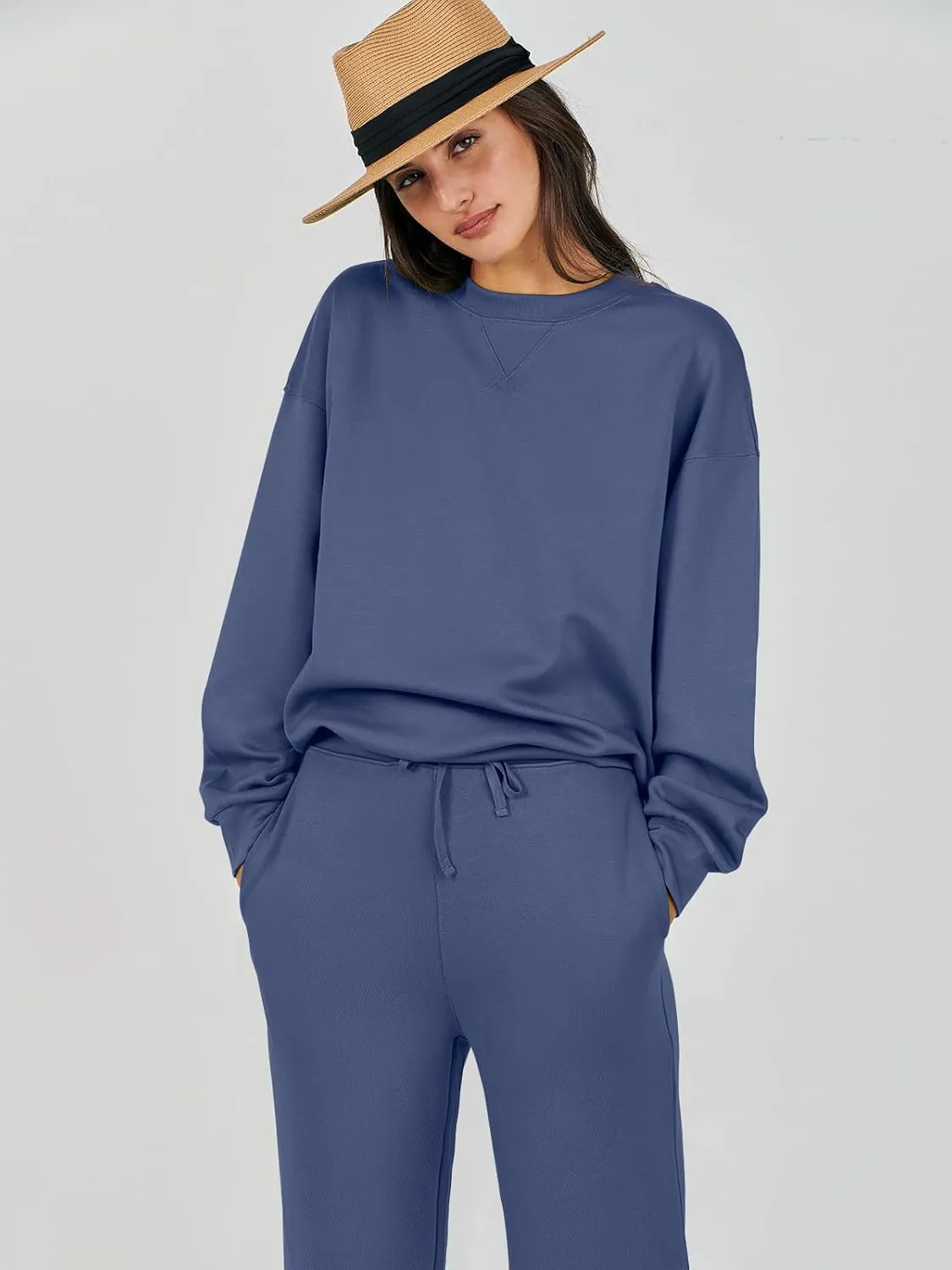 Caracilia Women's 2 Piece Outfits Sweatsuit Fall Crewneck Sweatshirts Wide Leg Pants Lounge Matching Sweat Sets Tracksuit