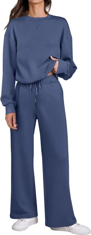 Caracilia Women's 2 Piece Outfits Sweatsuit Fall Crewneck Sweatshirts Wide Leg Pants Lounge Matching Sweat Sets Tracksuit