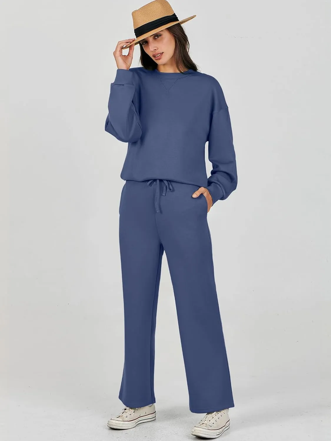 Caracilia Women's 2 Piece Outfits Sweatsuit Fall Crewneck Sweatshirts Wide Leg Pants Lounge Matching Sweat Sets Tracksuit