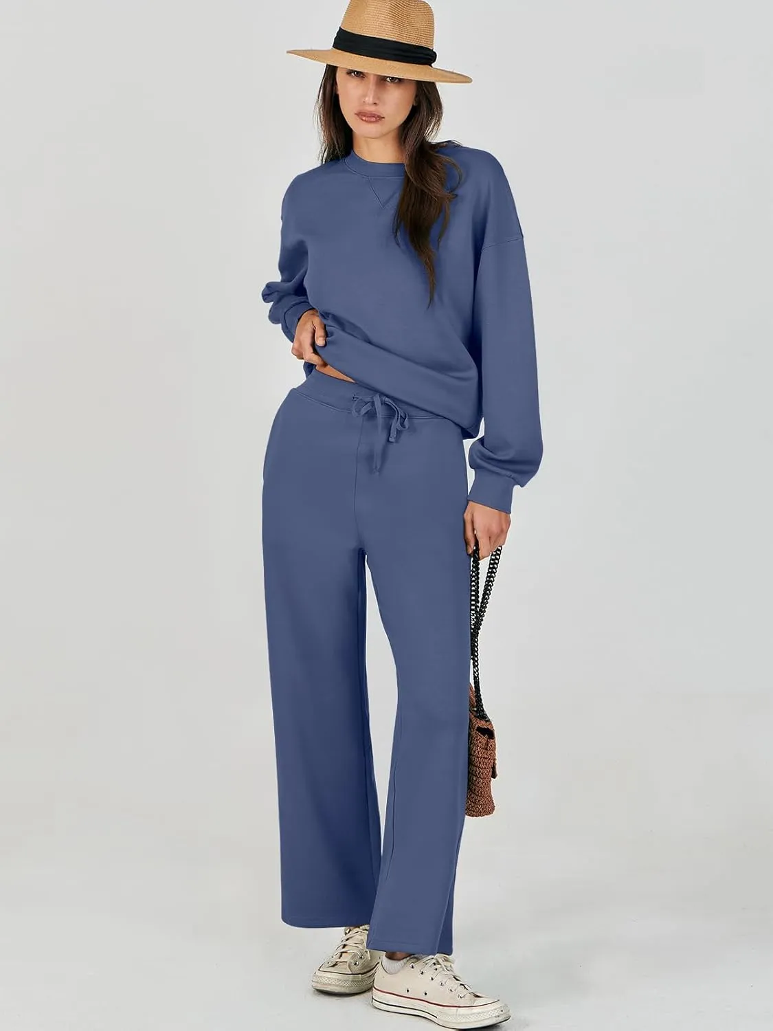 Caracilia Women's 2 Piece Outfits Sweatsuit Fall Crewneck Sweatshirts Wide Leg Pants Lounge Matching Sweat Sets Tracksuit