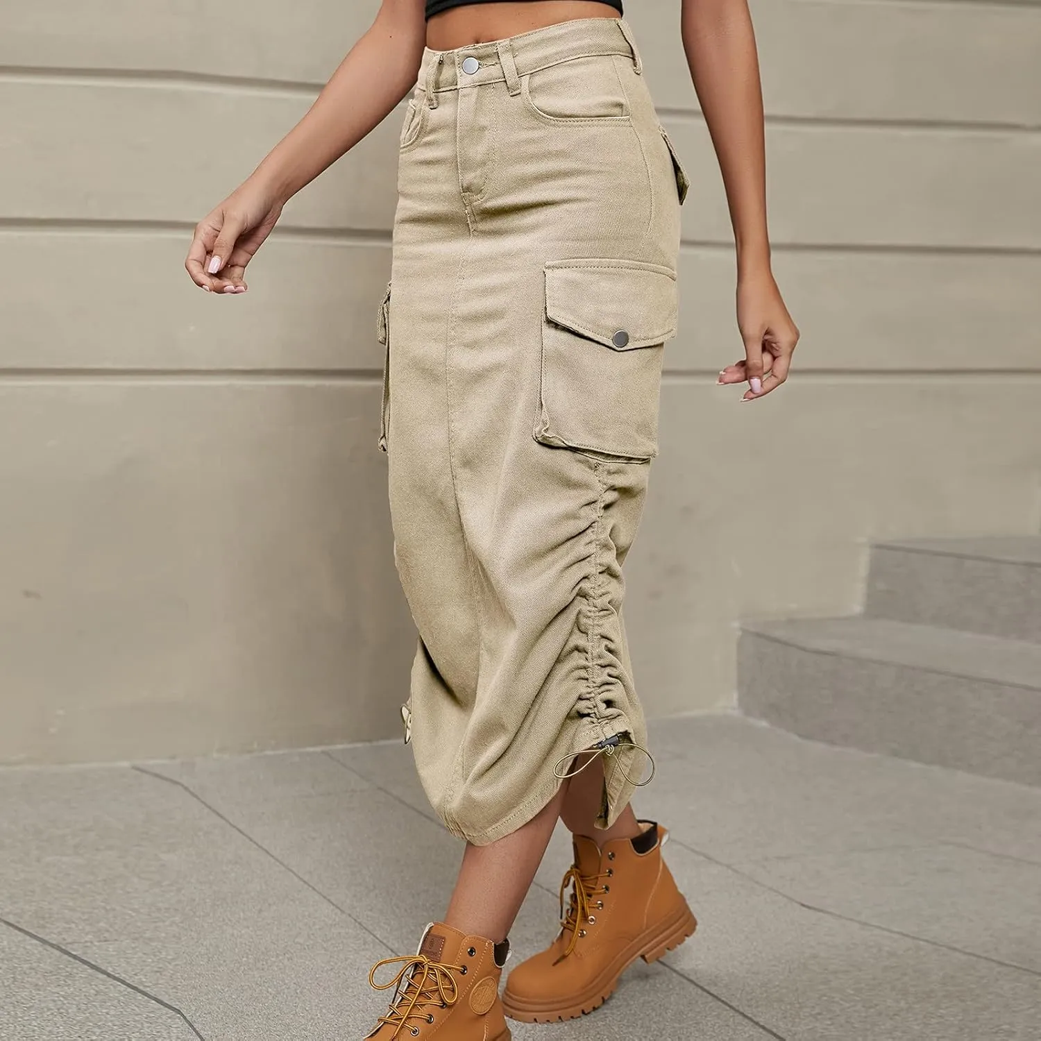 Cargo Skirts for Women Midi Long Denim Jean Skirt High Waisted Summer A-Line Y2K Cargo Pencil Denim Skirt with Pocket