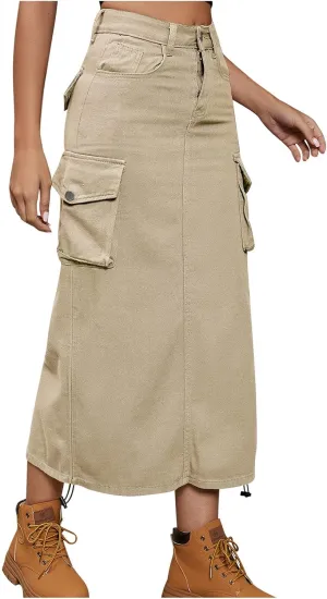 Cargo Skirts for Women Midi Long Denim Jean Skirt High Waisted Summer A-Line Y2K Cargo Pencil Denim Skirt with Pocket