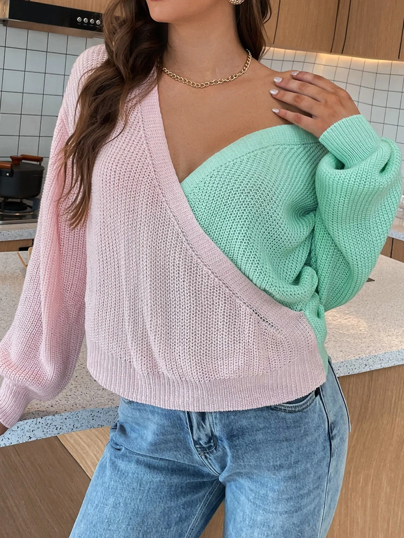 Casual Colorblock Rib-Knit Long Sleeve V Neck Regular Women Sweater
