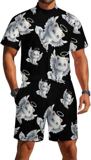 Cat Angel Wings Mens Short Sleeve Rompers Printed Slim Fit One Piece Jumpsuit with Pocket
