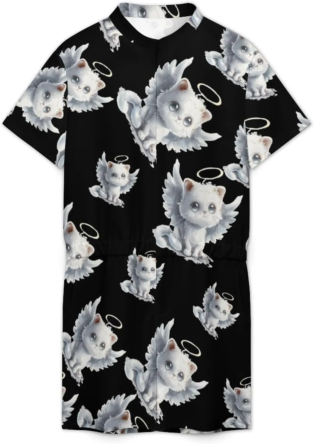 Cat Angel Wings Mens Short Sleeve Rompers Printed Slim Fit One Piece Jumpsuit with Pocket