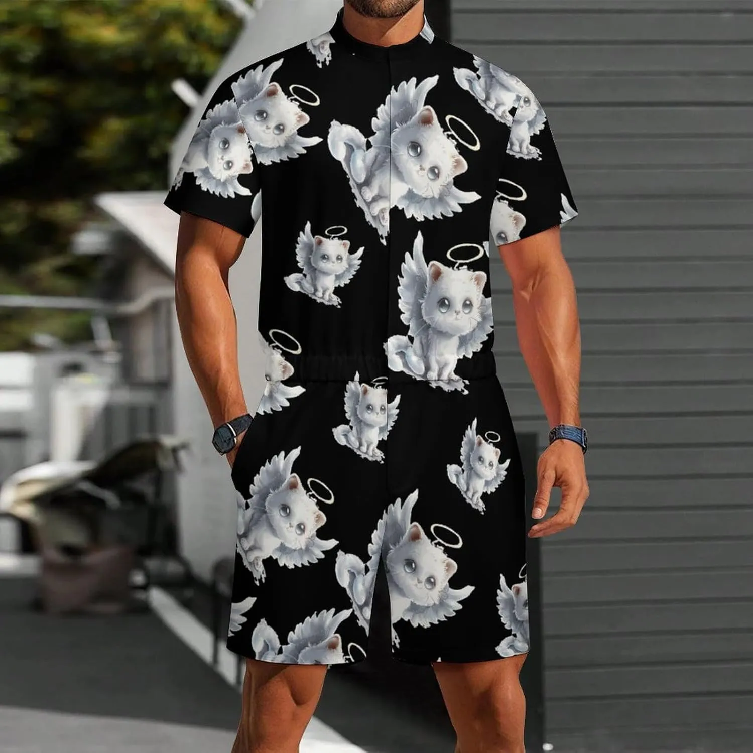 Cat Angel Wings Mens Short Sleeve Rompers Printed Slim Fit One Piece Jumpsuit with Pocket