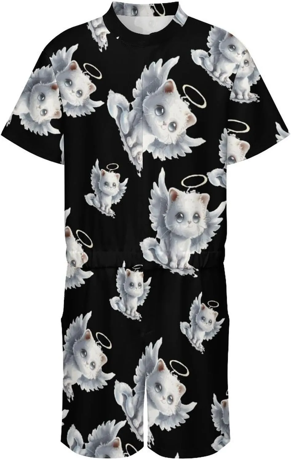 Cat Angel Wings Mens Short Sleeve Rompers Printed Slim Fit One Piece Jumpsuit with Pocket