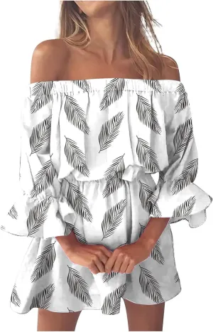 Ceboyel Womens Floral Ruffle Dress Off The Shoulder Summer Skater Dresses Boho Short Sundress Cruise Beach Vacation Clothes