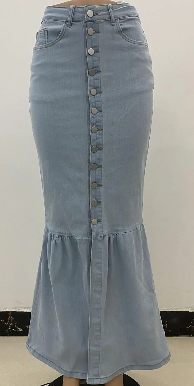 CHARTOU Women's High Waist Button Ruffled Bodycon Maxi Long Mermaid Denim Skirt