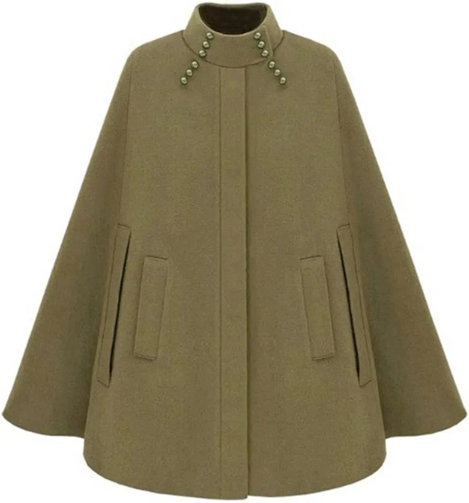 CHARTOU Women's Mock Neck Button Down Poncho Cape Woolen Pea Coat Cloak