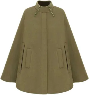 CHARTOU Women's Mock Neck Button Down Poncho Cape Woolen Pea Coat Cloak