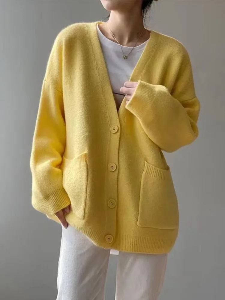 Chicmy Women's Winter Coats 2023 Casual Long Sleeve Knitted Cardigan Women V-Neck Korean Fashion Solid Color Ladies Thick Sweaters