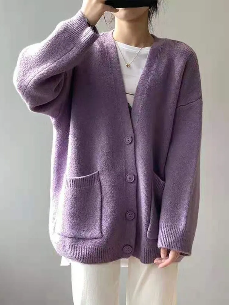 Chicmy Women's Winter Coats 2023 Casual Long Sleeve Knitted Cardigan Women V-Neck Korean Fashion Solid Color Ladies Thick Sweaters