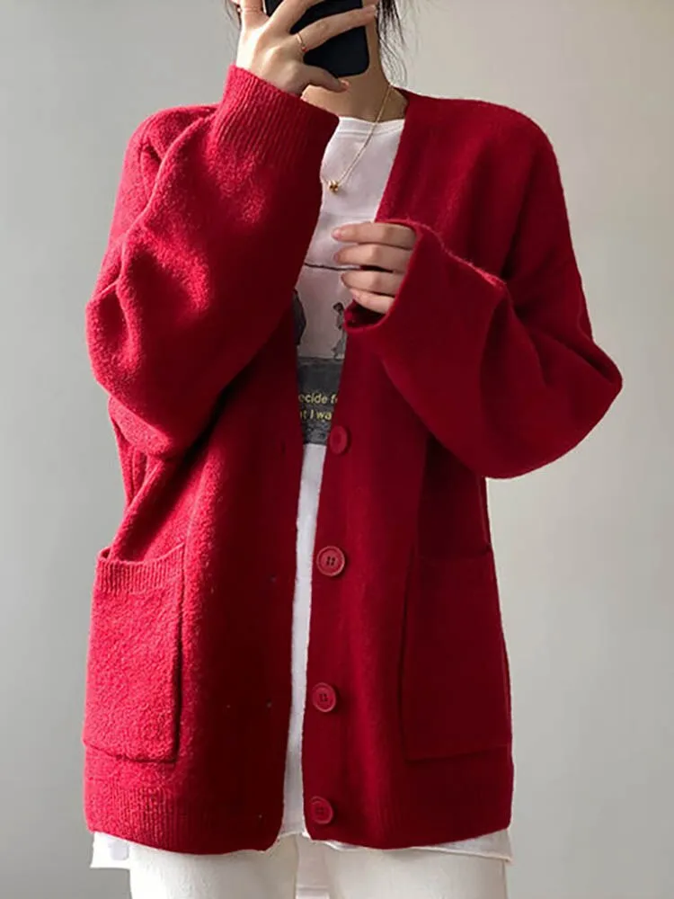 Chicmy Women's Winter Coats 2023 Casual Long Sleeve Knitted Cardigan Women V-Neck Korean Fashion Solid Color Ladies Thick Sweaters