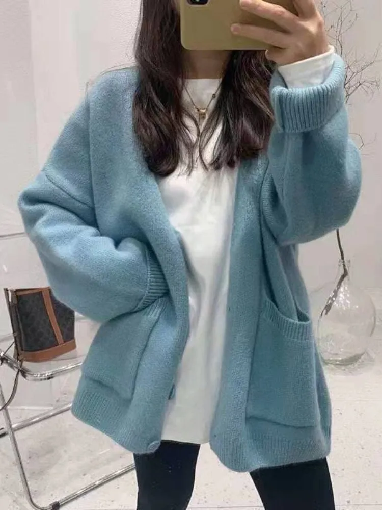 Chicmy Women's Winter Coats 2023 Casual Long Sleeve Knitted Cardigan Women V-Neck Korean Fashion Solid Color Ladies Thick Sweaters