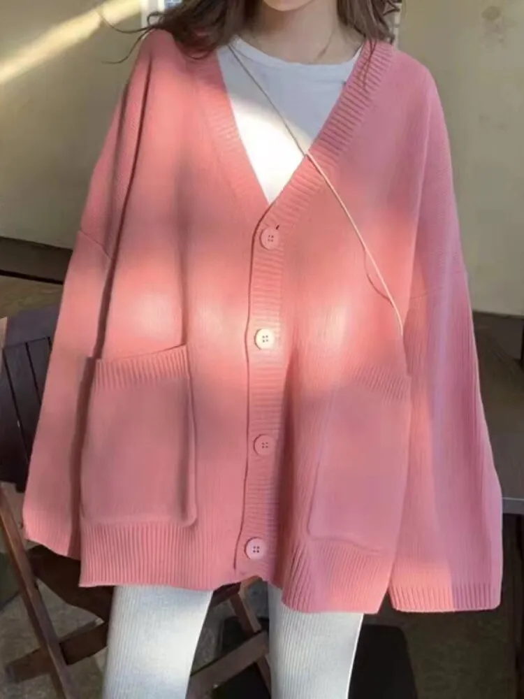 Chicmy Women's Winter Coats 2023 Casual Long Sleeve Knitted Cardigan Women V-Neck Korean Fashion Solid Color Ladies Thick Sweaters