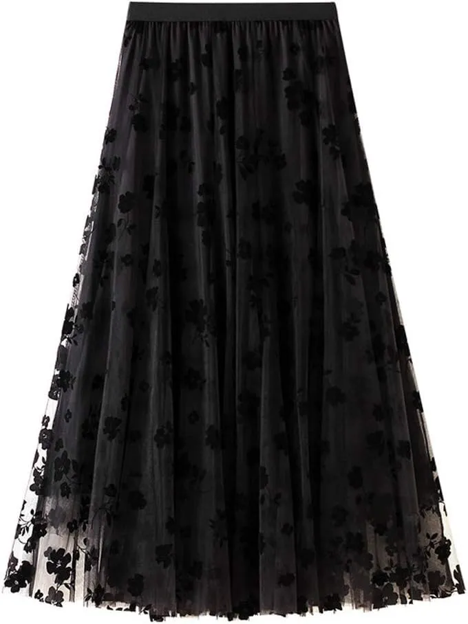 chouyatou Women's Fairy A-Line Pleated Swing Dance Midi Long Floral Tulle Skirt