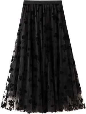 chouyatou Women's Fairy A-Line Pleated Swing Dance Midi Long Floral Tulle Skirt