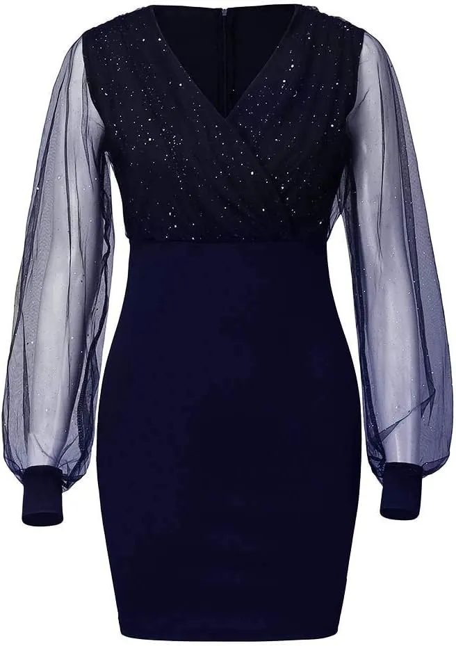 Cocktail Dress for Women,2024 Elegant Sexy Wrap V Neck Skinny Party Dress,Trendy Mesh Patchwork Long Sleeve Dress