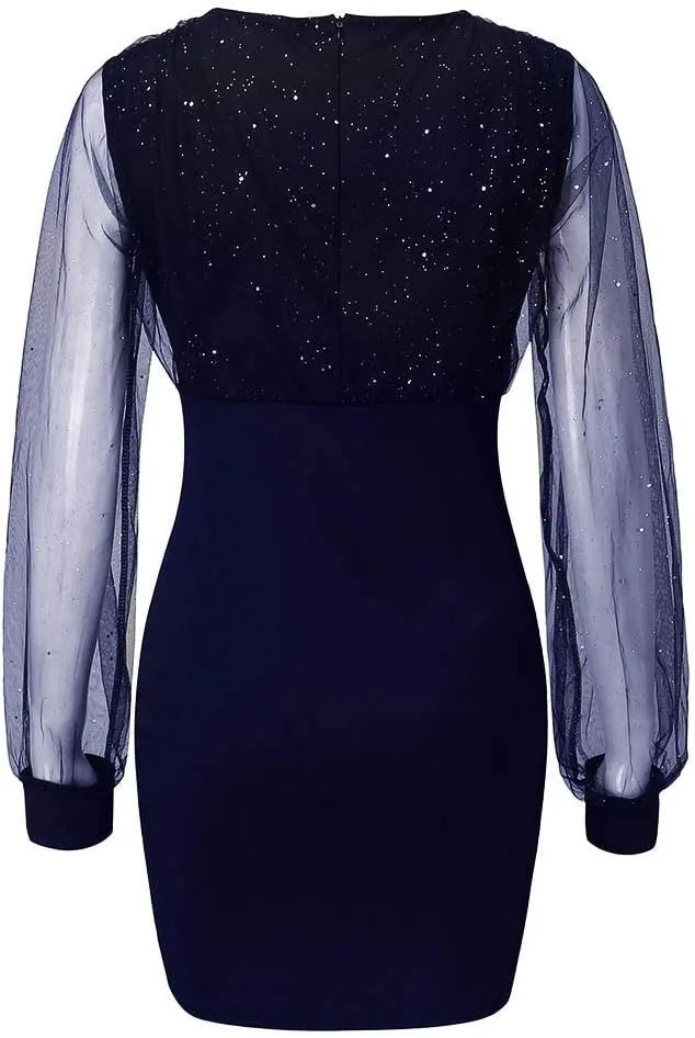 Cocktail Dress for Women,2024 Elegant Sexy Wrap V Neck Skinny Party Dress,Trendy Mesh Patchwork Long Sleeve Dress