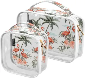 Coconut-palm-trees-pink-flamingo 2 Pack Clear Toiletry Bag Women Men, Portable Waterproof Clear Pouch, Cosmetic Bag with Double Zippers Large Opening Traveling with Handle for Bathroom Traveling Vacat