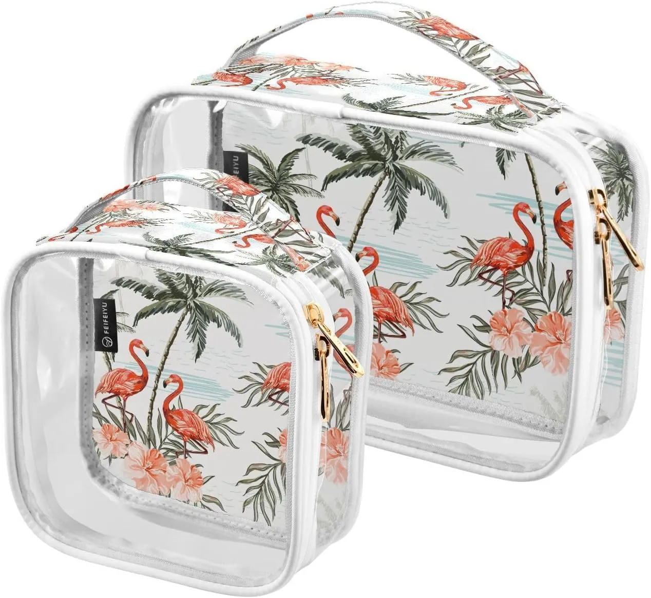 Coconut-palm-trees-pink-flamingo 2 Pack Clear Toiletry Bag Women Men, Portable Waterproof Clear Pouch, Cosmetic Bag with Double Zippers Large Opening Traveling with Handle for Bathroom Traveling Vacat