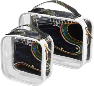 Color Electric Guitar 2 Pack Clear Toiletry Bag Women Men, Portable Waterproof Clear Pouch, Cosmetic Bag with Double Zippers Large Opening Traveling with Handle for Bathroom Traveling Vacation Organiz
