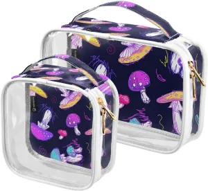 Colored Mushrooms 2 Pack Clear Toiletry Bag Women Men, Portable Waterproof Clear Pouch, Cosmetic Bag with Double Zippers Large Opening Traveling with Handle for Bathroom Traveling Vacation Organizing
