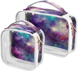 Colorful-cosmos 2 Pack Clear Toiletry Bag Women Men, Portable Waterproof Clear Pouch, Cosmetic Bag with Double Zippers Large Opening Traveling with Handle for Bathroom Traveling Vacation Organizing