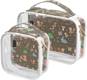 Colorful-doodle-animals-pattern 2 Pack Clear Toiletry Bag Women Men, Portable Waterproof Clear Pouch, Cosmetic Bag with Double Zippers Large Opening Traveling with Handle for Bathroom Traveling Vacati