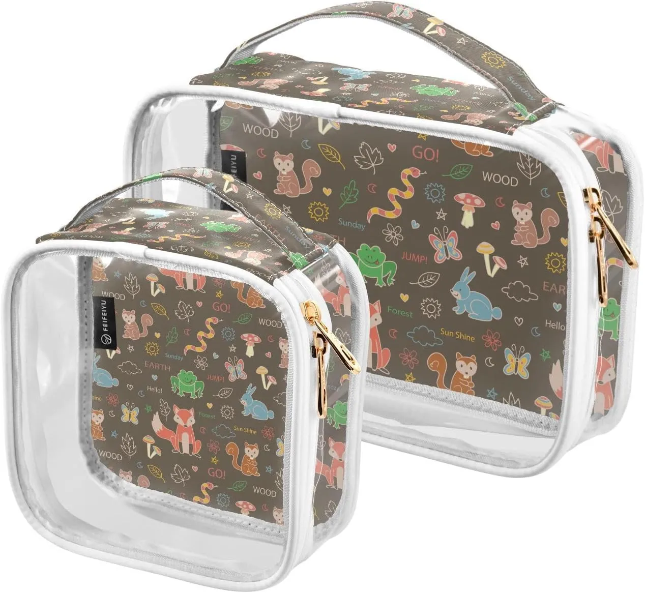 Colorful-doodle-animals-pattern 2 Pack Clear Toiletry Bag Women Men, Portable Waterproof Clear Pouch, Cosmetic Bag with Double Zippers Large Opening Traveling with Handle for Bathroom Traveling Vacati