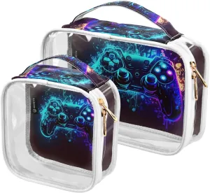 Colorful Game Controller Print 2 Pack Clear Toiletry Bag Women Men, Portable Waterproof Clear Pouch, Cosmetic Bag with Double Zippers Large Opening Traveling with Handle for Bathroom Traveling Vacatio