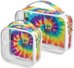 Colorful-tie-dye-pattern 2 Pack Clear Toiletry Bag Women Men, Portable Waterproof Clear Pouch, Cosmetic Bag with Double Zippers Large Opening Traveling with Handle for Bathroom Traveling Vacation Orga