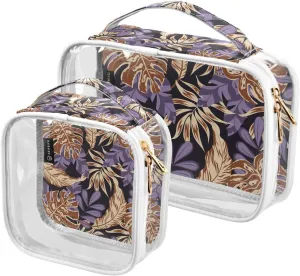 Colorful-tropical-leaves-plants 2 Pack Clear Toiletry Bag Women Men, Portable Waterproof Clear Pouch, Cosmetic Bag with Double Zippers Large Opening Traveling with Handle for Bathroom Traveling Vacati
