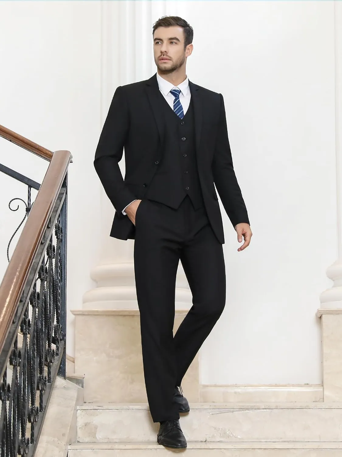 Cooper & Nelson 3 Piece Mens Suit Set, Slim Fit Suit for Men, Solid Jacket, Vest, Pants and Tie
