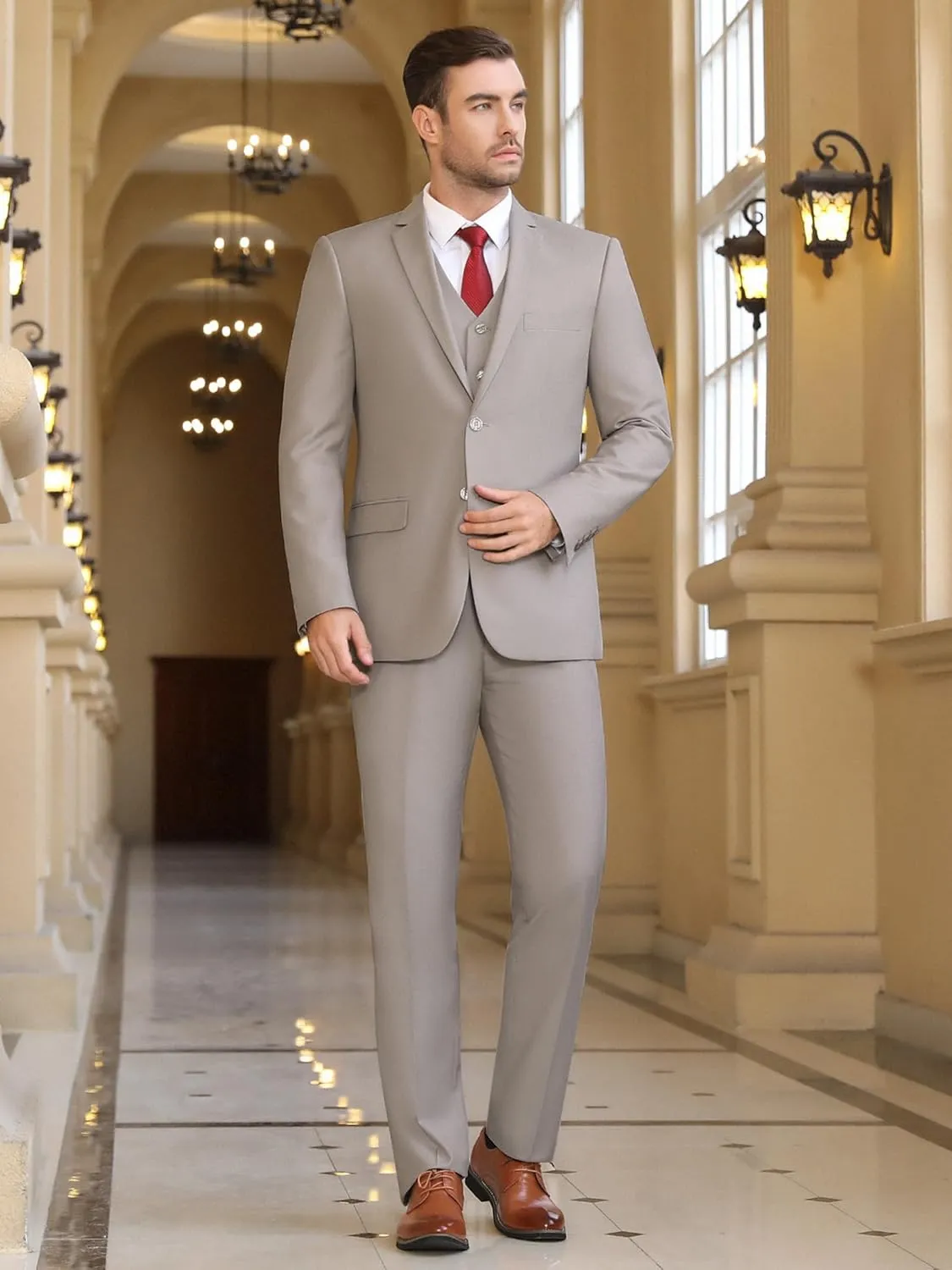 Cooper & Nelson 3 Piece Mens Suit Set, Slim Fit Suit for Men, Solid Jacket, Vest, Pants and Tie
