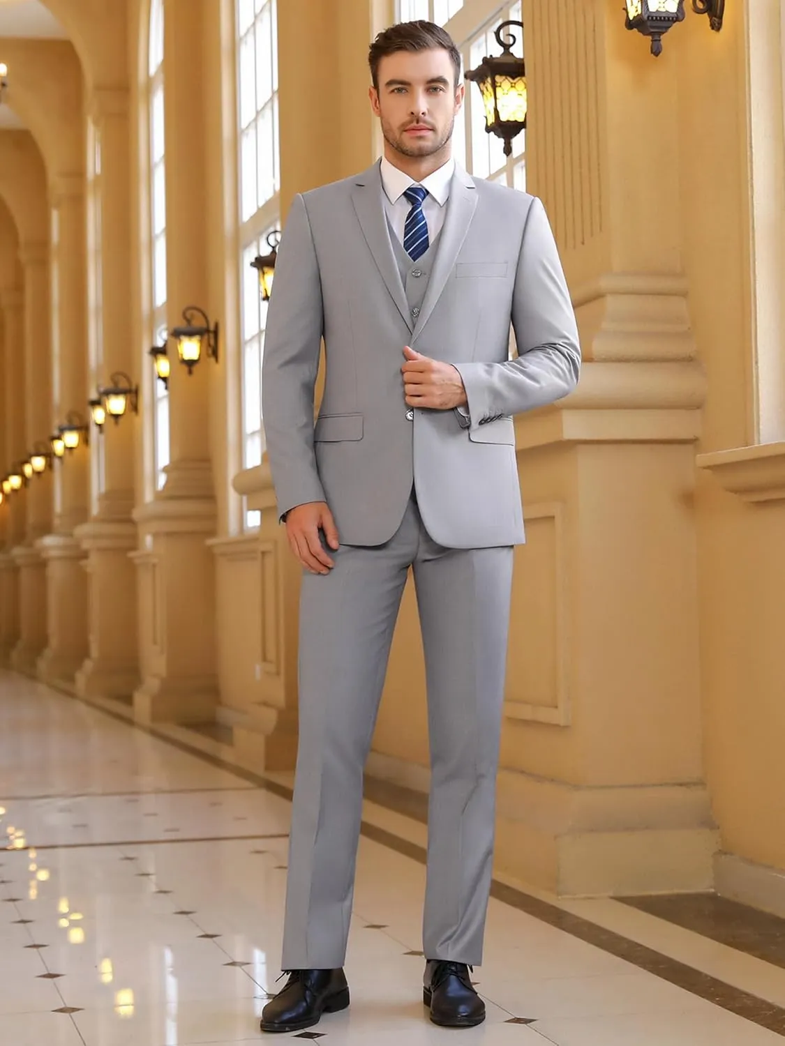 Cooper & Nelson 3 Piece Mens Suit Set, Slim Fit Suit for Men, Solid Jacket, Vest, Pants and Tie