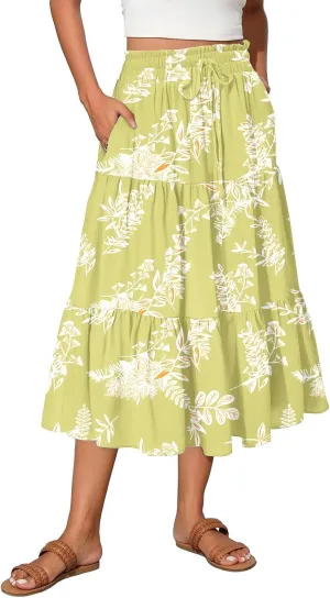 COTECRAM Women's 2025 Bohemian Beach Skirts Flowy High Waist Tiered A Line Midi Skirt Trendy Summer Pleated Long Skirts