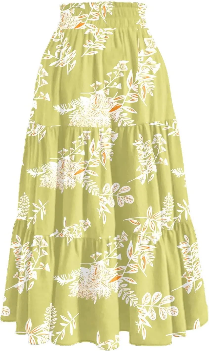 COTECRAM Women's 2025 Bohemian Beach Skirts Flowy High Waist Tiered A Line Midi Skirt Trendy Summer Pleated Long Skirts