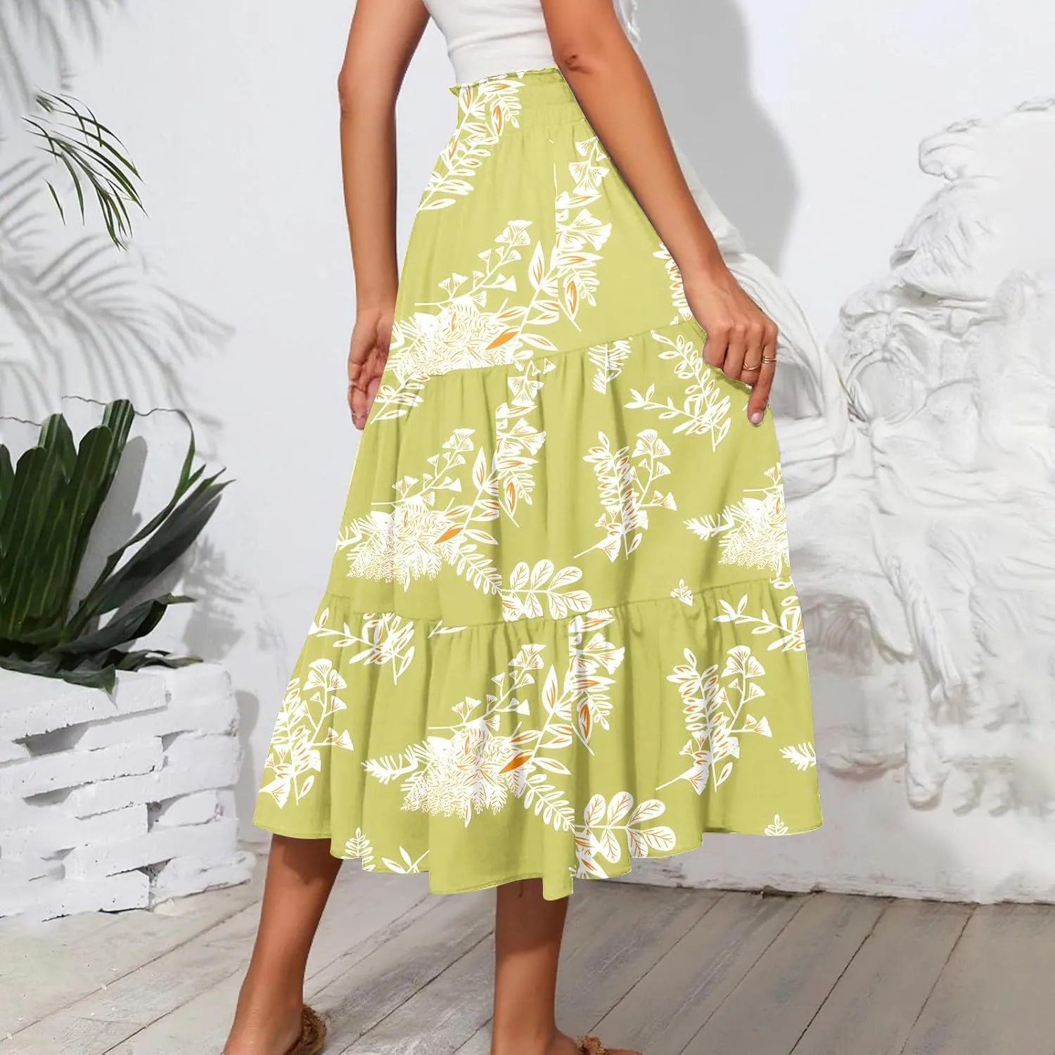 COTECRAM Women's 2025 Bohemian Beach Skirts Flowy High Waist Tiered A Line Midi Skirt Trendy Summer Pleated Long Skirts