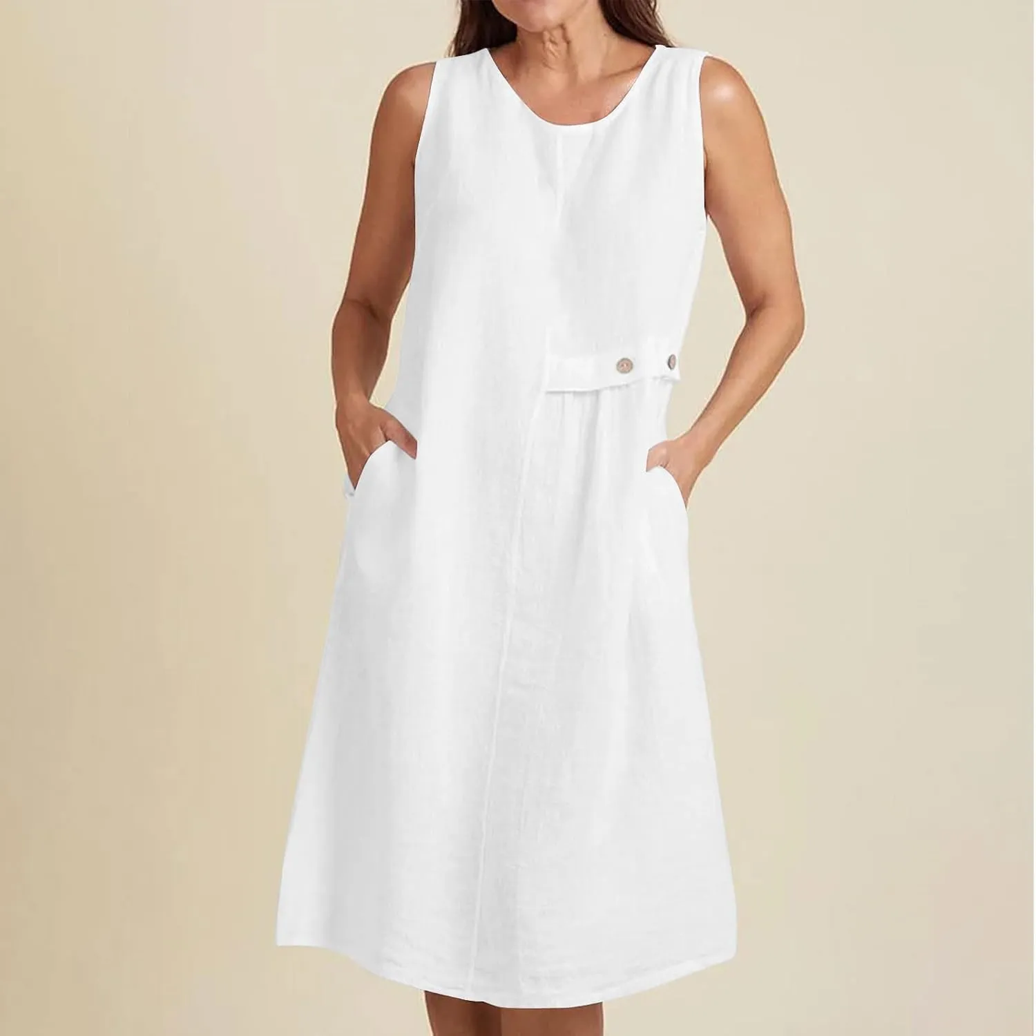Cotton Linen Dresses for Women 2025 Summer Sleeveless Midi Dress Trendy Casual A Line Flowy Dress with Pockets