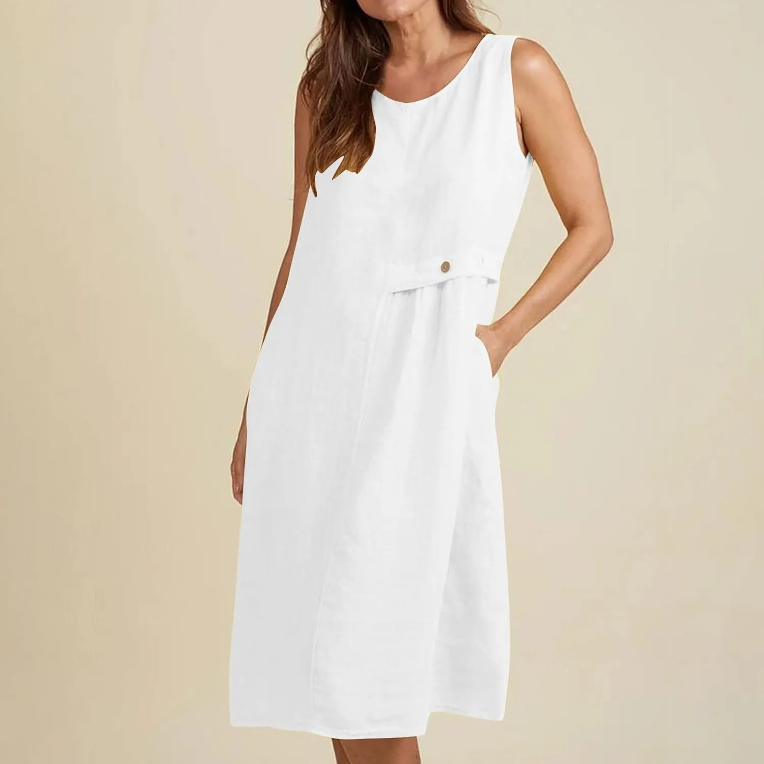 Cotton Linen Dresses for Women 2025 Summer Sleeveless Midi Dress Trendy Casual A Line Flowy Dress with Pockets